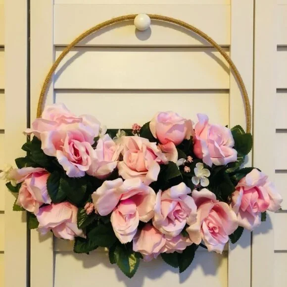 Princess Pink Rose Romantic Fancy Floral Decor Barbiecore Feminine Twine Wreath - Picture 2 of 5